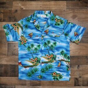 Helena's Vintage Made in Hawaii Tropical Button Down Mens Large Palm Trees Beach